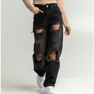 BDG Black High Rise Baggy Petite Distressed Jeans 26 Thrashed Grunge